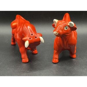 1960s Red Bulls Salt & Pepper Shakers Lego Japan Vtg MCM Ceramic 3" x 5" Decor
